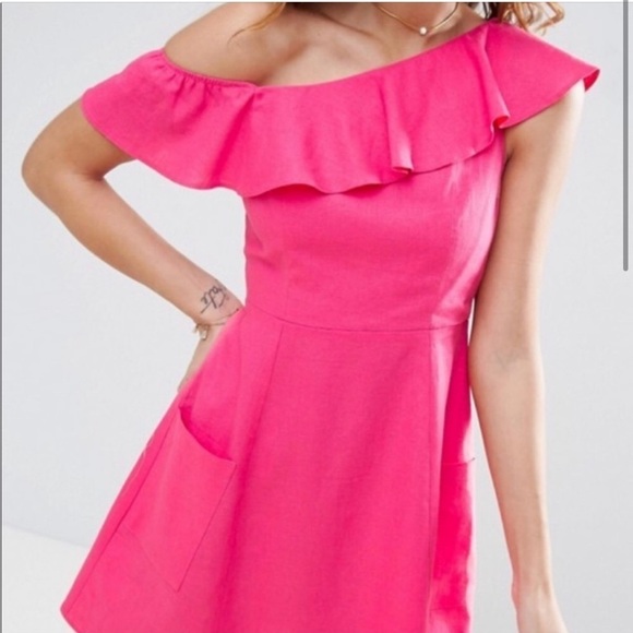 ASOS Pink Ruffle Linen A- Line Dress - Picture 1 of 10